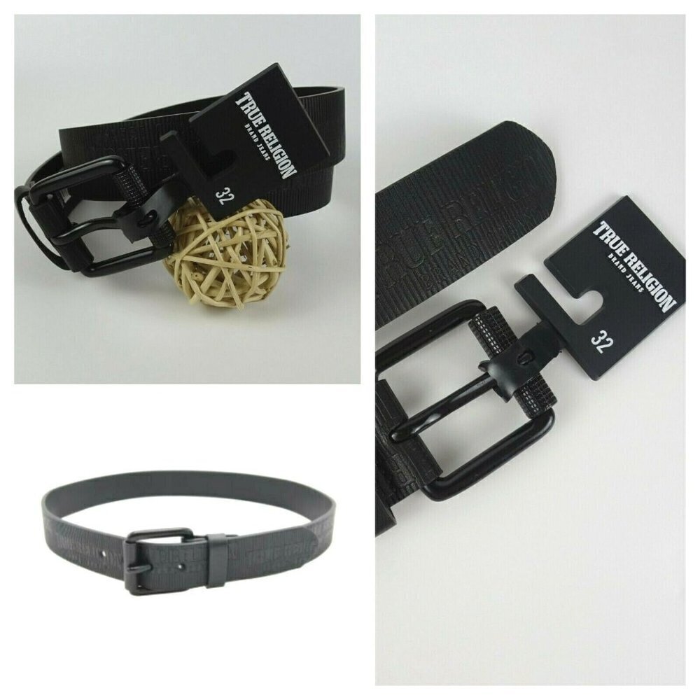 New TRUE RELIGION Men's Embossed Van Belt Matte Black Faux Leather Textured 32
